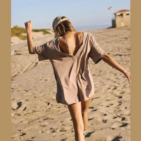 Free People Hot Shot Tee Romper in Mocha Latte Tan Color NWOT Size Large - Picture 3 of 10